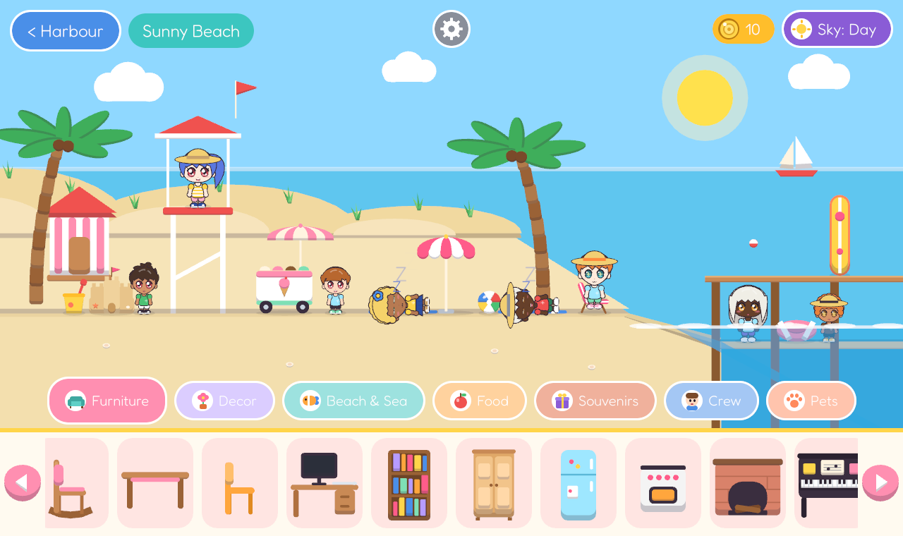 The beach: sunbathers on towels, a lifeguard tower and people paddling.