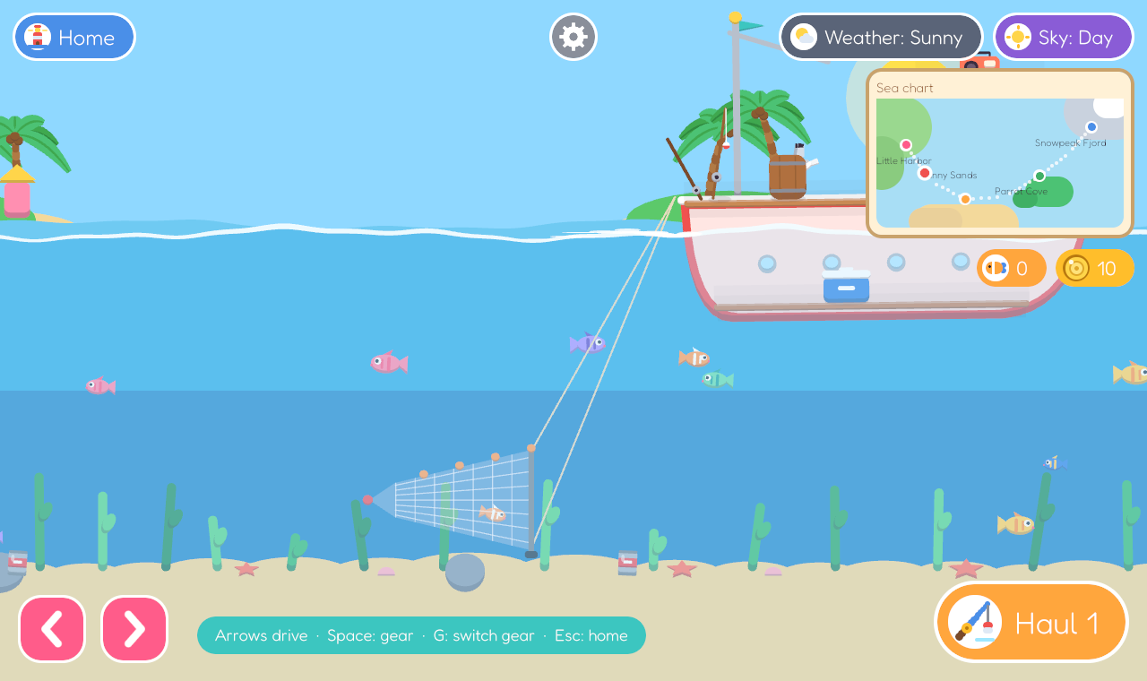 Out at sea, towing a trawl along the seabed.