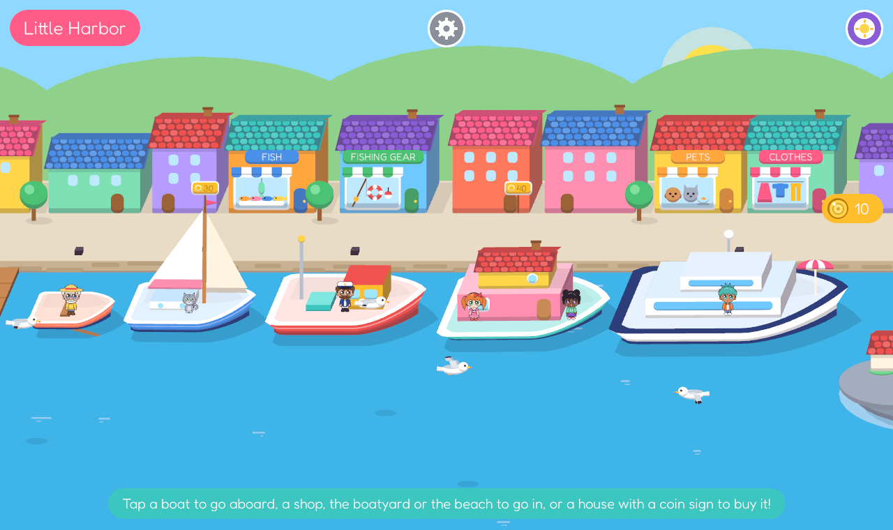 The harbour seen from above: colourful houses and shops along the quay, and boats in their berths.