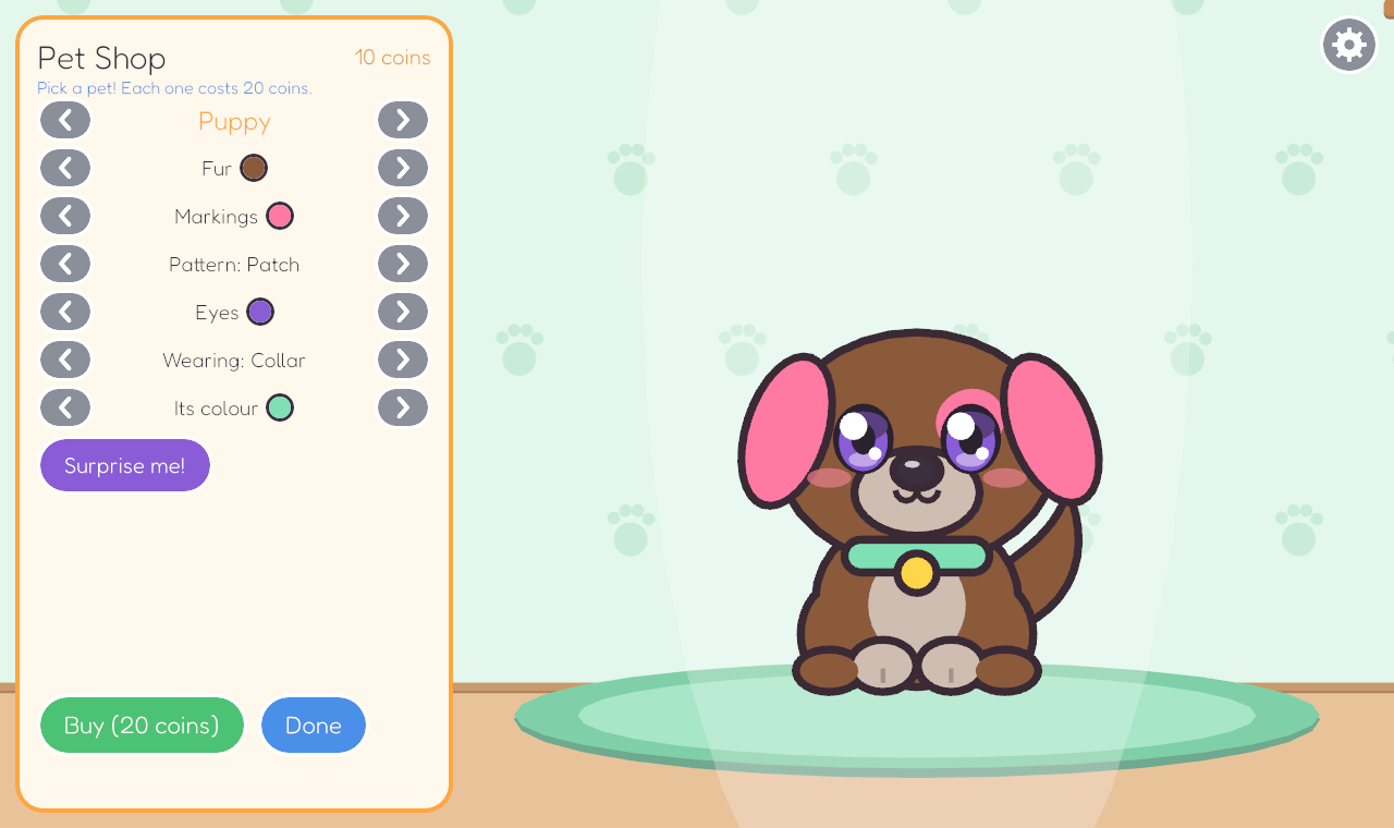 The pet shop: choosing a puppy's fur, markings and collar.